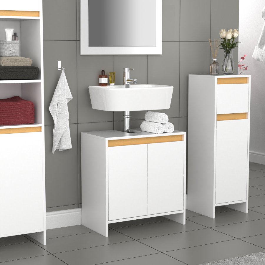 VCM NORDIC Malira Badezimmer-Waschtischunterschrank mit 2 Türen - Weiß/Natur-Melamin