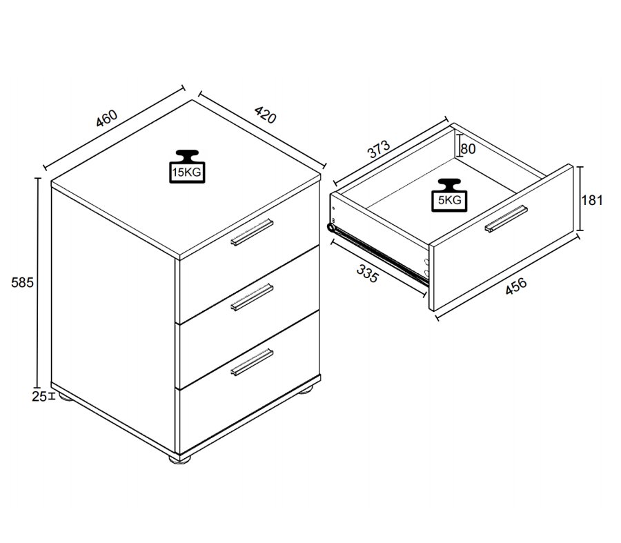 VCM NORDIC Testalo nattbord, med 3 skuffer - naturlig/antrasittgr tre (46x42)