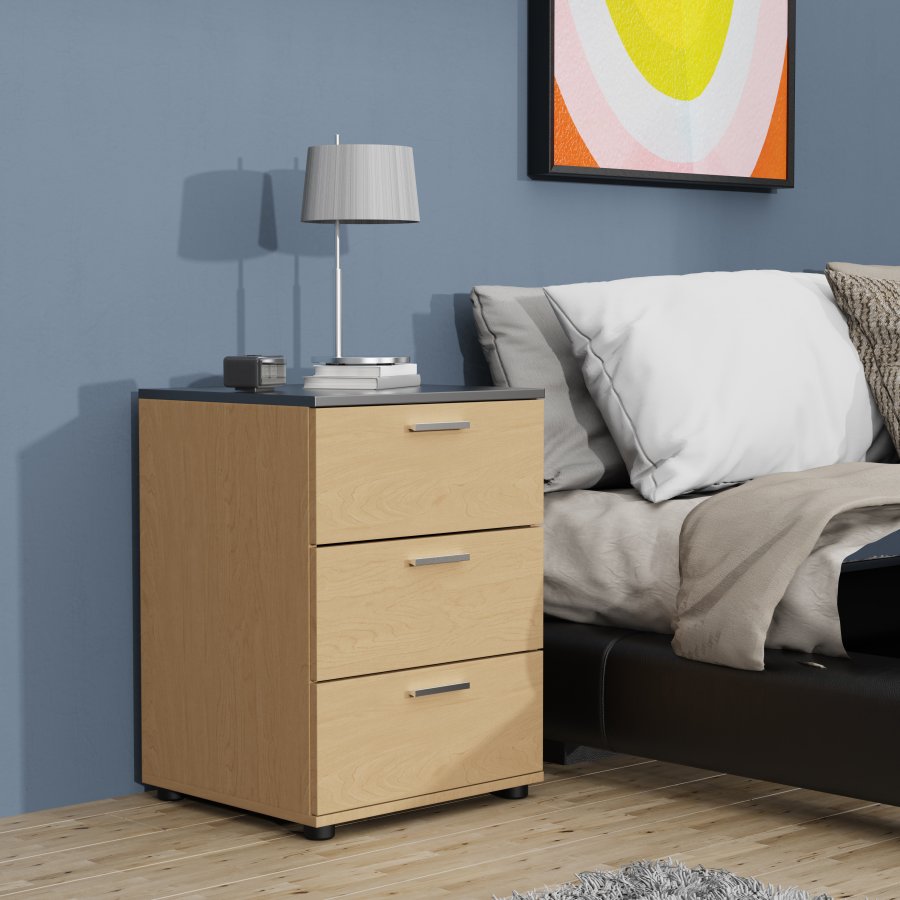 VCM NORDIC Testalo nattbord, med 3 skuffer - naturlig/antrasittgr tre (46x42)