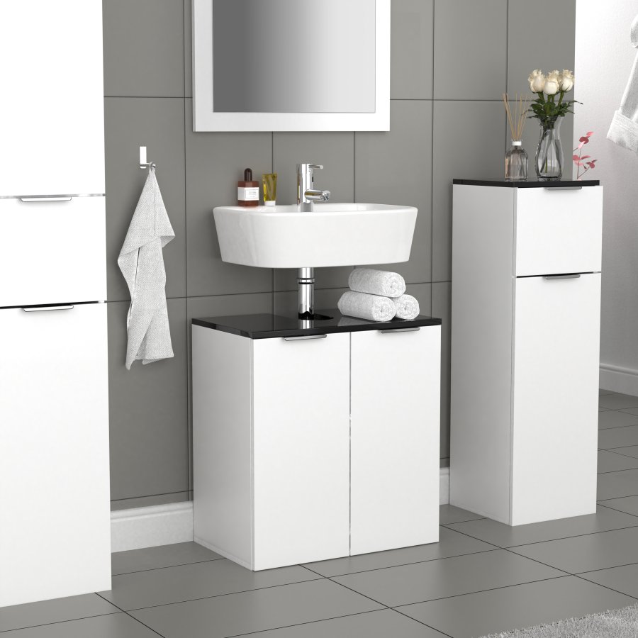 VCM NORDIC Donali Badezimmer-Waschtischunterschrank für Waschbecken, mit 2 Türen - Weiß/Schwarz Melamin