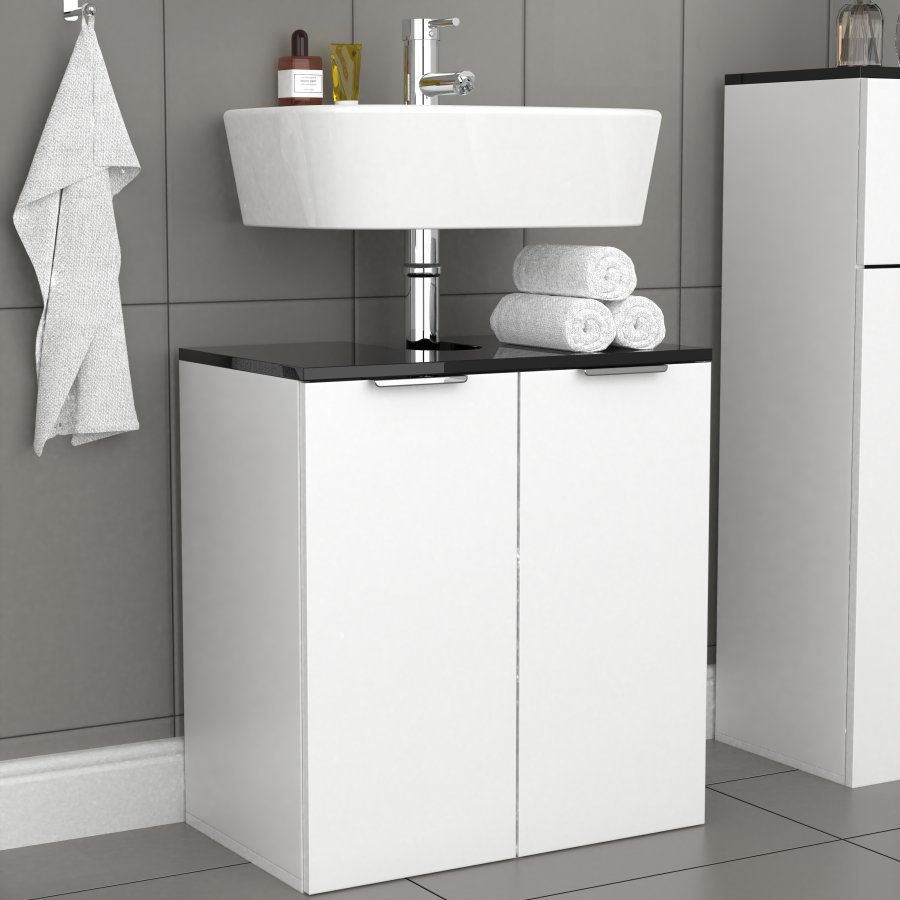 VCM NORDIC Donali Badezimmer-Waschtischunterschrank für Waschbecken, mit 2 Türen - Weiß/Schwarz Melamin