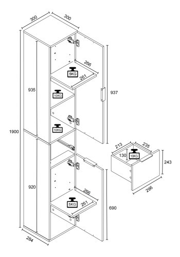 VCM NORDIC Donali Badezimmerschrank Hoch, m. 2 Türen, 1 Schublade, 3 Einlegeböden - weiß/schwarz Melamin