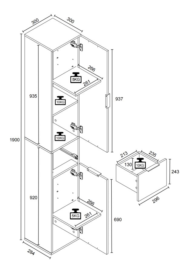 VCM NORDIC Donali Badezimmerschrank Hoch, m. 2 Türen, 1 Schublade, 3 Einlegeböden - weiß/schwarz Melamin