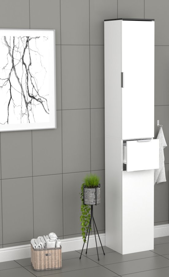 VCM NORDIC Donali Badezimmerschrank Hoch, m. 2 Türen, 1 Schublade, 3 Einlegeböden - weiß/schwarz Melamin