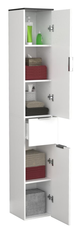 VCM NORDIC Donali Badezimmerschrank Hoch, m. 2 Türen, 1 Schublade, 3 Einlegeböden - weiß/schwarz Melamin