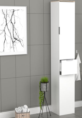 VCM NORDIC Donali Badezimmerschrank Hoch, m. 2 Türen, 1 Schublade, 3 Einlegeböden - Weiß/Naturmelamin