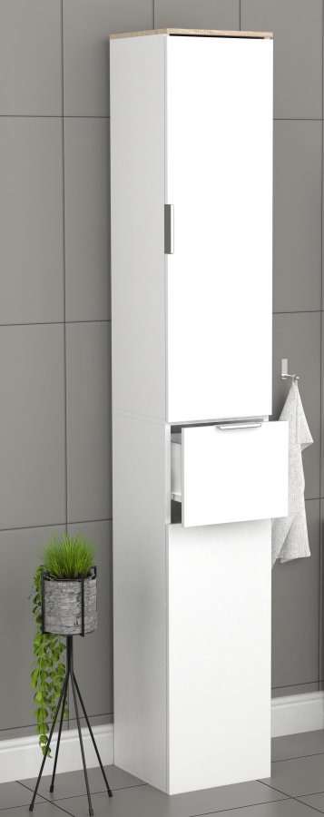 VCM NORDIC Donali Badezimmerschrank Hoch, m. 2 Türen, 1 Schublade, 3 Einlegeböden - Weiß/Naturmelamin