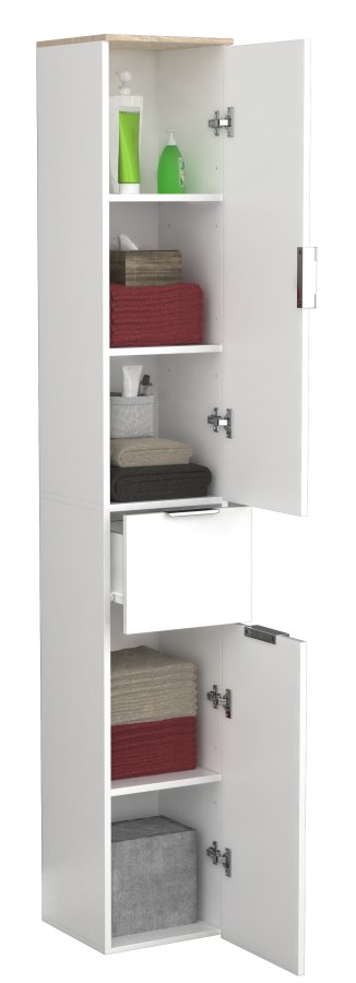 VCM NORDIC Donali Badezimmerschrank Hoch, m. 2 Türen, 1 Schublade, 3 Einlegeböden - Weiß/Naturmelamin