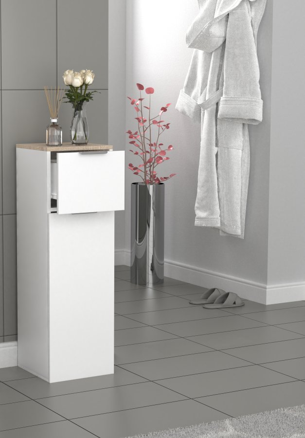 VCM NORDIC Donali Badezimmerschrank Midi, m. 1 Tür, 1 Schublade, 1 Einlegeboden - weiß/natur Melamin