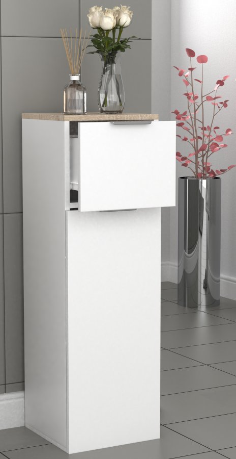 VCM NORDIC Donali Badezimmerschrank Midi, m. 1 Tür, 1 Schublade, 1 Einlegeboden - weiß/natur Melamin