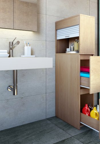 VCM NORDIC Tasalo Raumteiler Badezimmerschrank, m. 1 Rolltür, 2 Schubladen - Naturholz