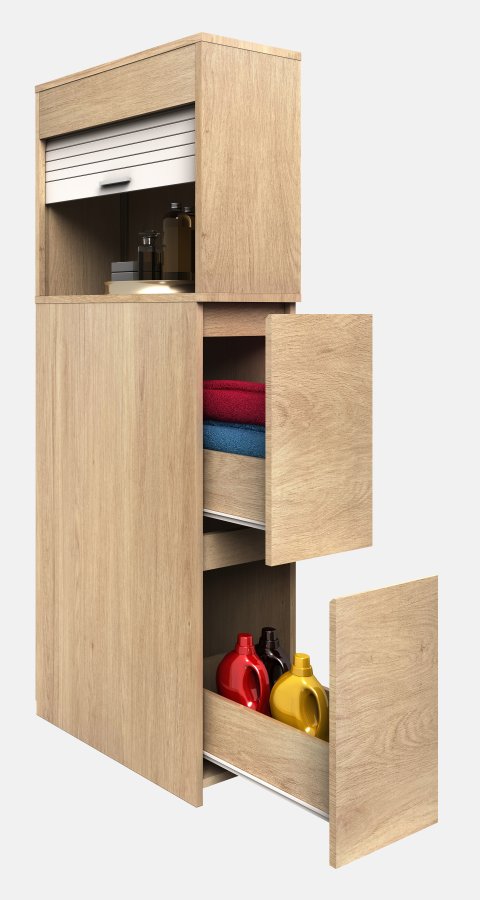 VCM NORDIC Tasalo Raumteiler Badezimmerschrank, m. 1 Rolltür, 2 Schubladen - Naturholz