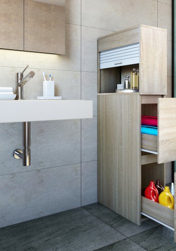 VCM NORDIC Tasalo Raumteiler Badezimmerschrank, m. 1 Rolltür, 2 Schubladen - Naturholz