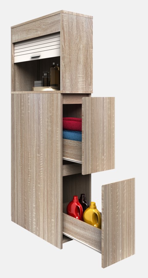 VCM NORDIC Tasalo Raumteiler Badezimmerschrank, m. 1 Rolltür, 2 Schubladen - Naturholz