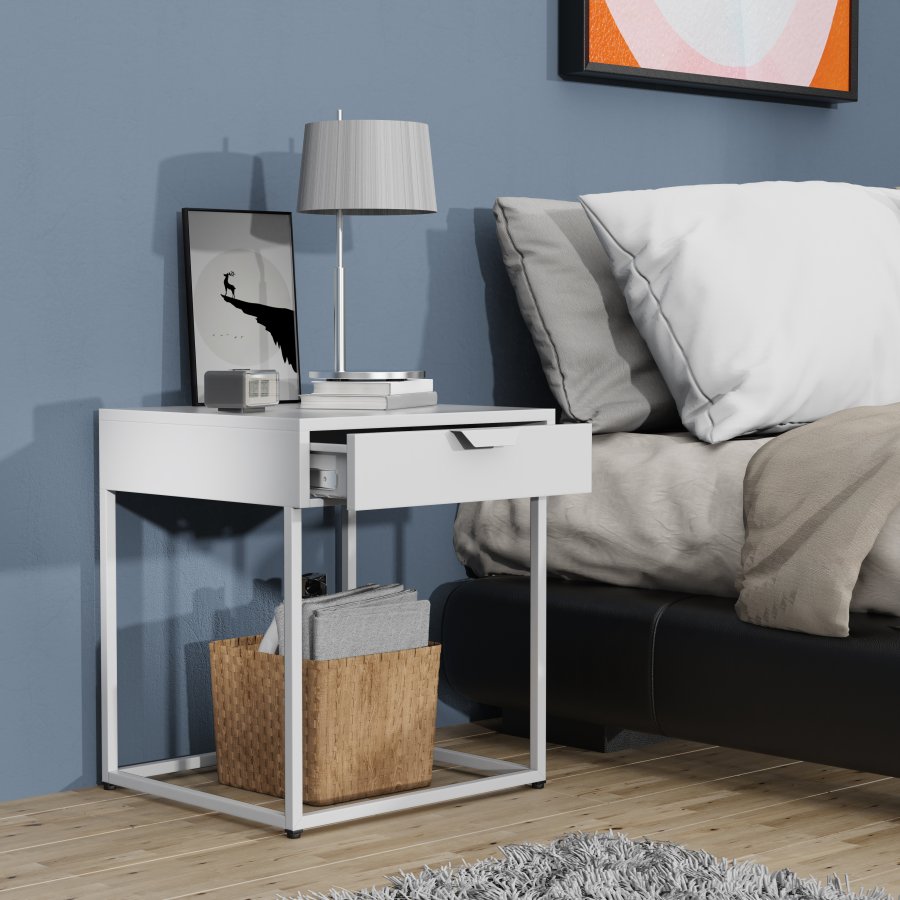 VCM NORDIC Flokas S Nachttisch, m. 1 Schublade - Weißmetall (43x41)