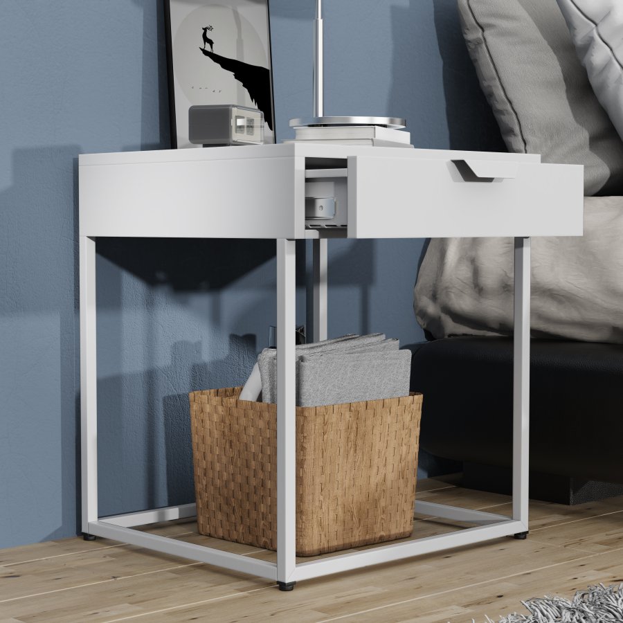 VCM NORDIC Flokas S Nachttisch, m. 1 Schublade - Weißmetall (43x41)