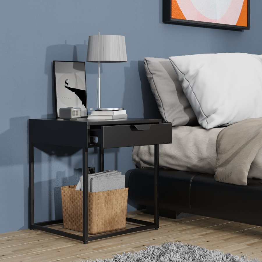 VCM NORDIC Flokas S Nachttisch, m. 1 Schublade - schwarzes Metall (43x41)