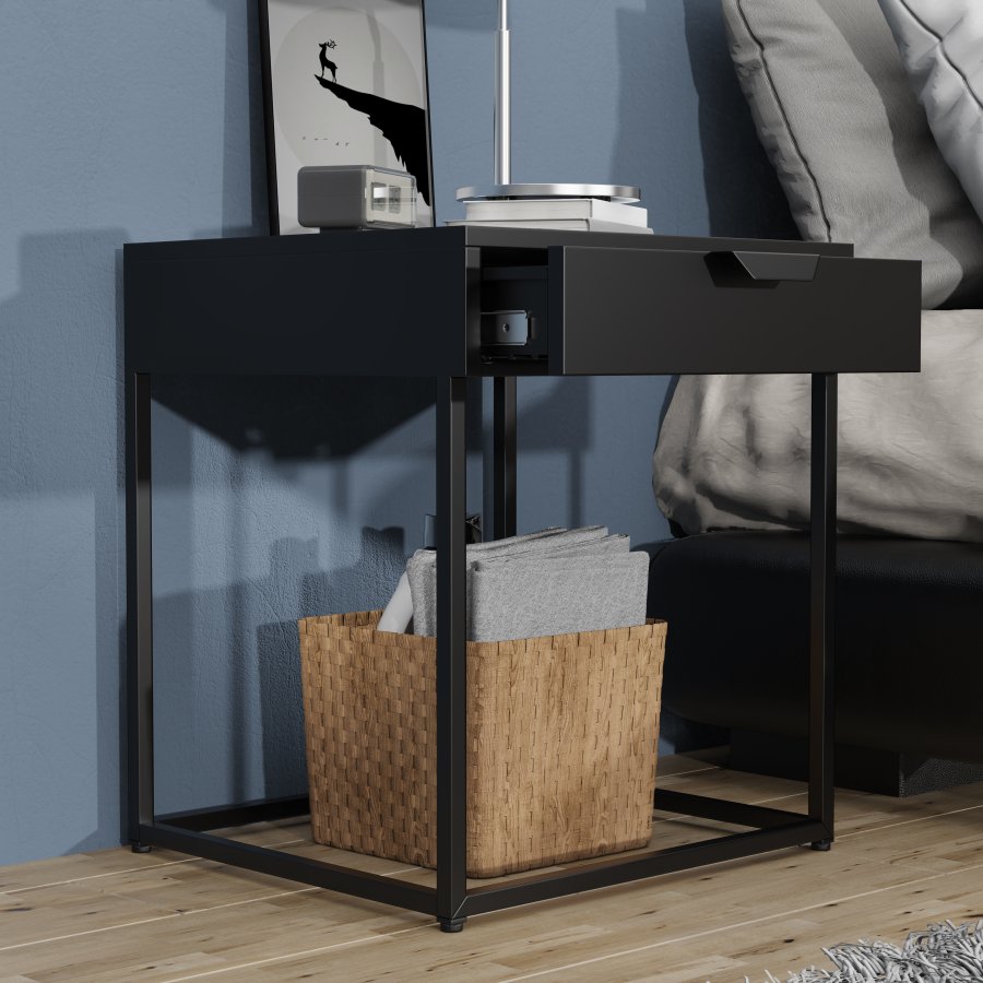 VCM NORDIC Flokas S Nachttisch, m. 1 Schublade - schwarzes Metall (43x41)