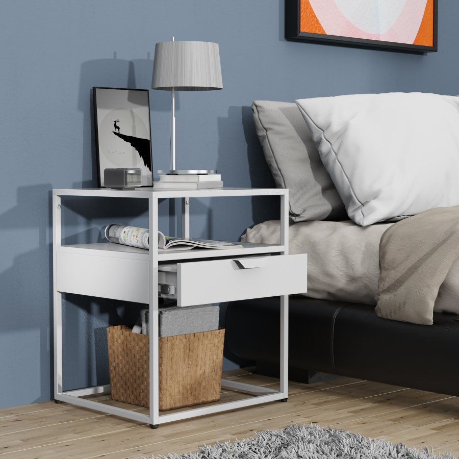 VCM NORDIC Flokas M Nachttisch, m. 1 offenem Fach und 1 Schublade - Weißmetall (45x40)