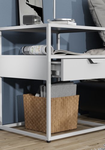 VCM NORDIC Flokas M Nachttisch, m. 1 offenem Fach und 1 Schublade - Weißmetall (45x40)