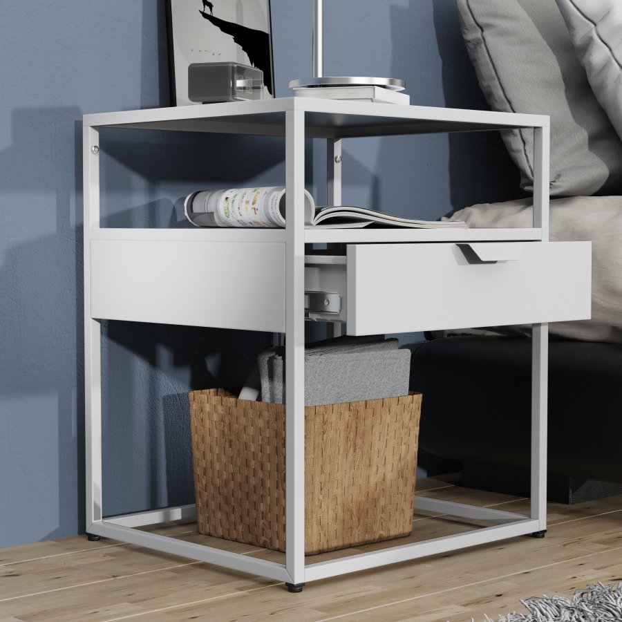 VCM NORDIC Flokas M Nachttisch, m. 1 offenem Fach und 1 Schublade - Weißmetall (45x40)