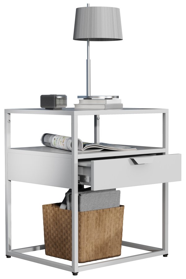 VCM NORDIC Flokas M Nachttisch, m. 1 offenem Fach und 1 Schublade - Weißmetall (45x40)