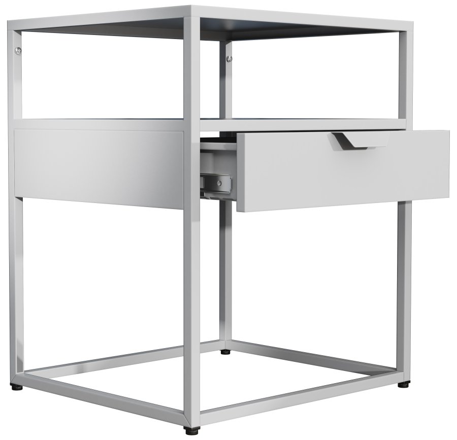 VCM NORDIC Flokas M Nachttisch, m. 1 offenem Fach und 1 Schublade - Weißmetall (45x40)