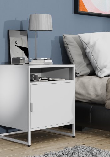 VCM NORDIC Flokas L Nachttisch, mit 1 offenen Fach und 1 Tür - Weißmetall (45x40)