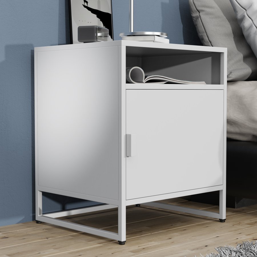 VCM NORDIC Flokas L Nachttisch, mit 1 offenen Fach und 1 Tür - Weißmetall (45x40)