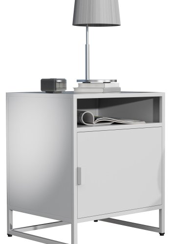VCM NORDIC Flokas L Nachttisch, mit 1 offenen Fach und 1 Tür - Weißmetall (45x40)
