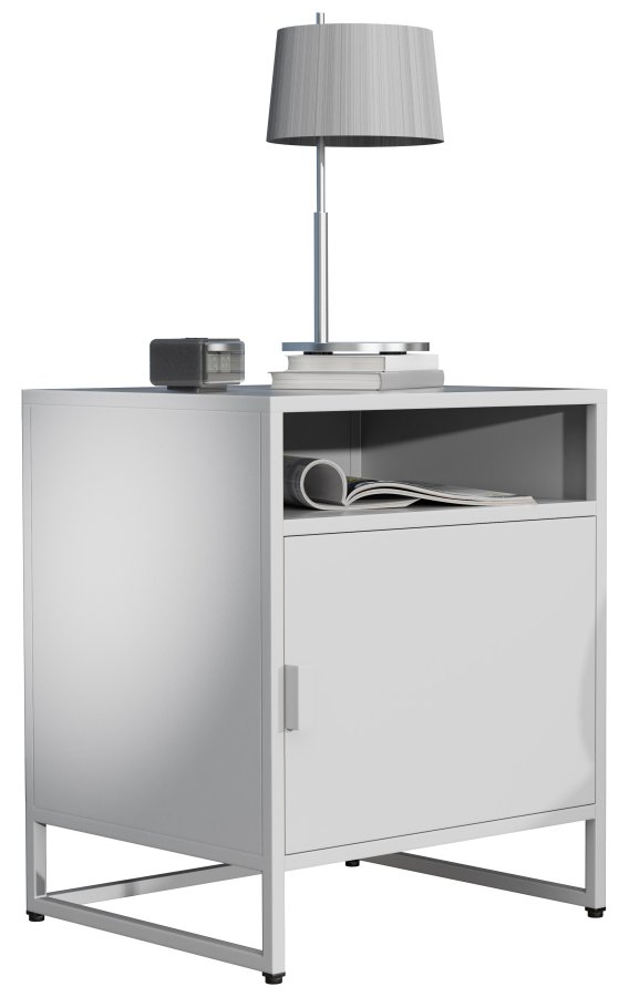VCM NORDIC Flokas L Nachttisch, mit 1 offenen Fach und 1 Tür - Weißmetall (45x40)