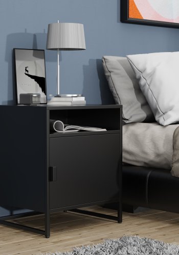 VCM NORDIC Flokas L Nachttisch, mit 1 offenen Fach und 1 Tür – schwarzes Metall (45x40)