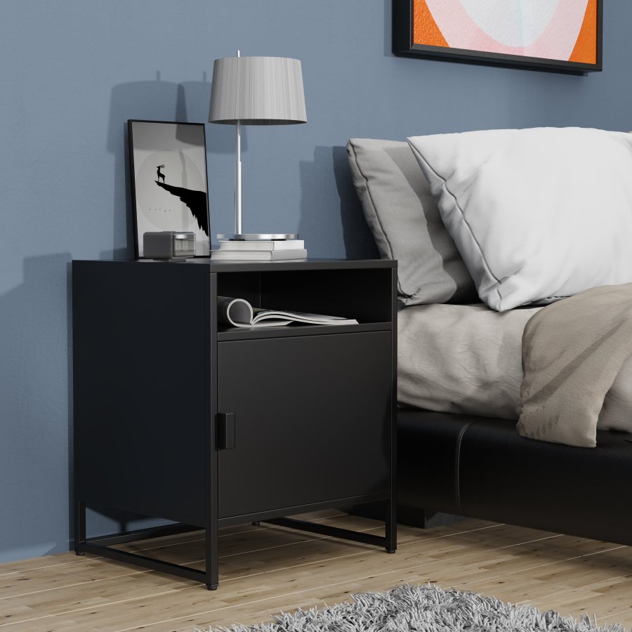 VCM NORDIC Flokas L Nachttisch, mit 1 offenen Fach und 1 Tür – schwarzes Metall (45x40)