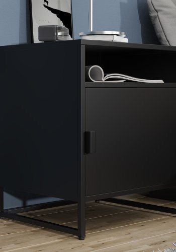 VCM NORDIC Flokas L Nachttisch, mit 1 offenen Fach und 1 Tür – schwarzes Metall (45x40)