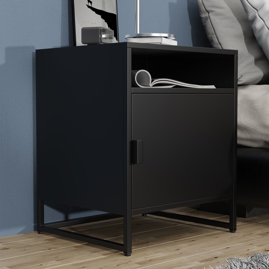 VCM NORDIC Flokas L Nachttisch, mit 1 offenen Fach und 1 Tür – schwarzes Metall (45x40)