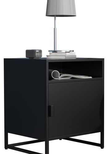 VCM NORDIC Flokas L Nachttisch, mit 1 offenen Fach und 1 Tür – schwarzes Metall (45x40)
