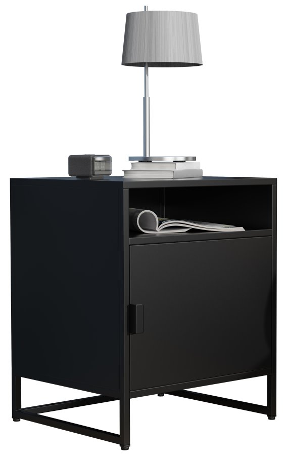 VCM NORDIC Flokas L Nachttisch, mit 1 offenen Fach und 1 Tür – schwarzes Metall (45x40)