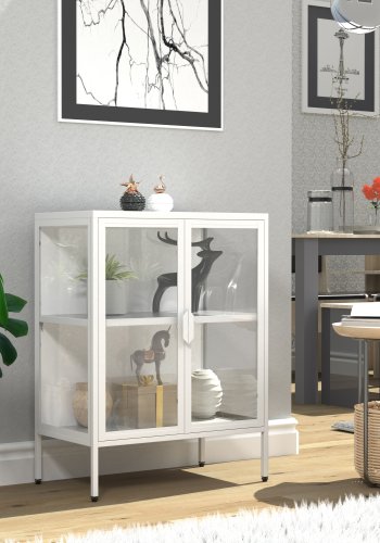 VCM NORDIC Floka S Vitrine, m. 2 Türen und 1 Einlegeboden - Glas und weißer Stahl