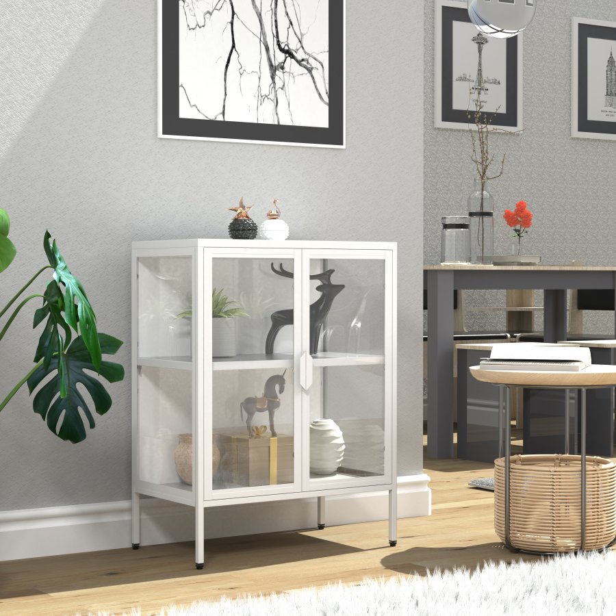 VCM NORDIC Floka S Vitrine, m. 2 Türen und 1 Einlegeboden - Glas und weißer Stahl