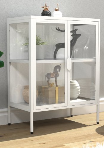 VCM NORDIC Floka S Vitrine, m. 2 Türen und 1 Einlegeboden - Glas und weißer Stahl