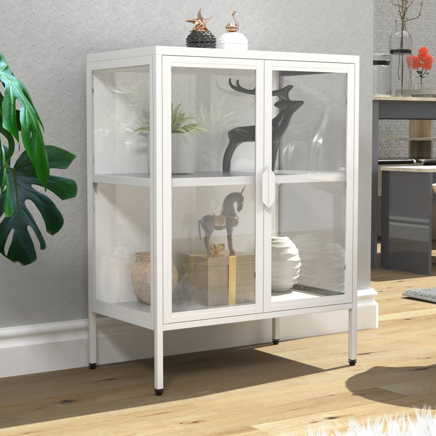 VCM NORDIC Floka S Vitrine, m. 2 Türen und 1 Einlegeboden - Glas und weißer Stahl