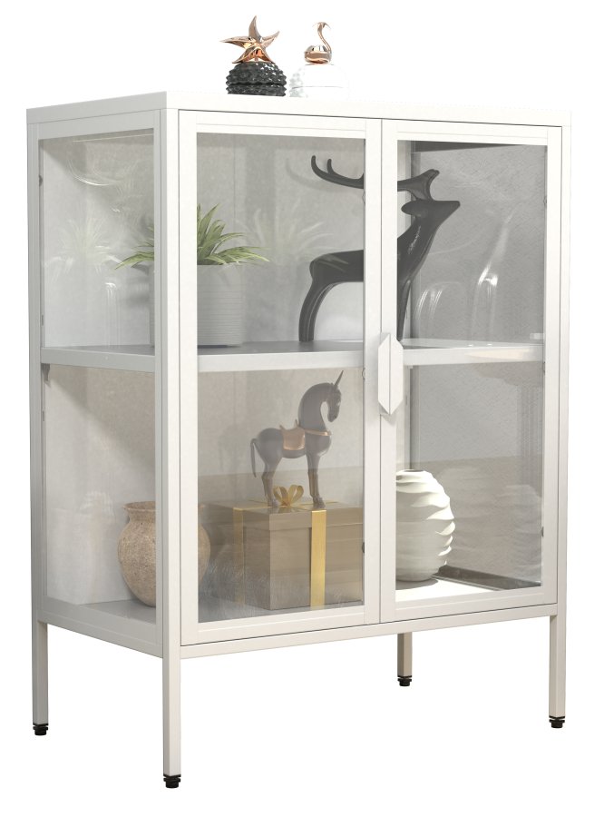 VCM NORDIC Floka S Vitrine, m. 2 Türen und 1 Einlegeboden - Glas und weißer Stahl