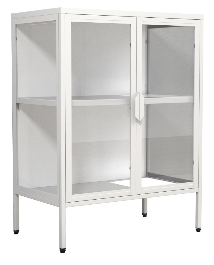 VCM NORDIC Floka S Vitrine, m. 2 Türen und 1 Einlegeboden - Glas und weißer Stahl