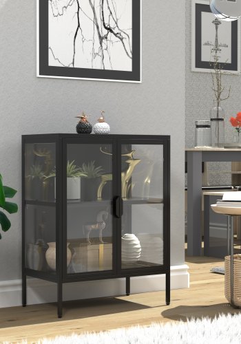 VCM NORDIC Floka S Vitrine, mit 2 Türen und 1 Einlegeboden – Glas und schwarzer Stahl