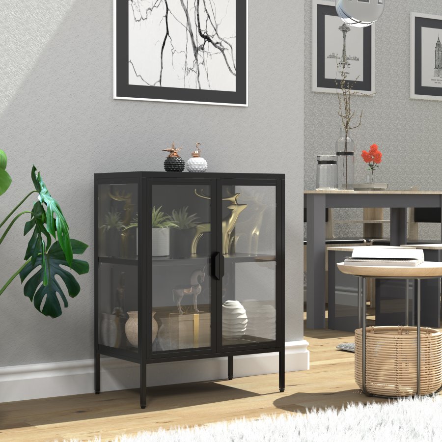 VCM NORDIC Floka S Vitrine, mit 2 Türen und 1 Einlegeboden – Glas und schwarzer Stahl