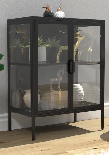 VCM NORDIC Floka S Vitrine, mit 2 Türen und 1 Einlegeboden – Glas und schwarzer Stahl