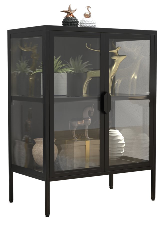 VCM NORDIC Floka S Vitrine, mit 2 Türen und 1 Einlegeboden – Glas und schwarzer Stahl