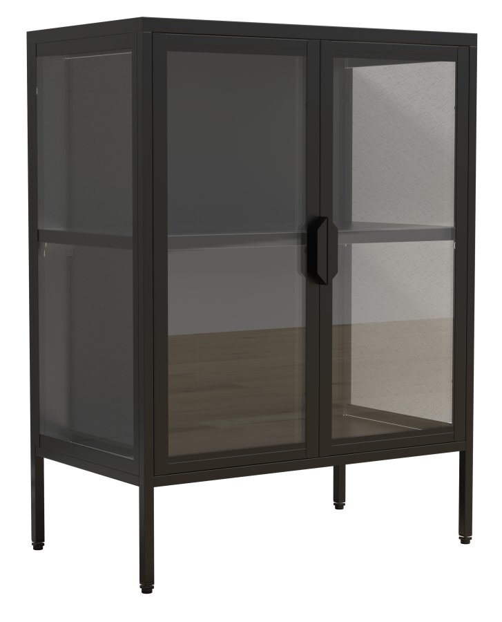 VCM NORDIC Floka S Vitrine, mit 2 Türen und 1 Einlegeboden – Glas und schwarzer Stahl