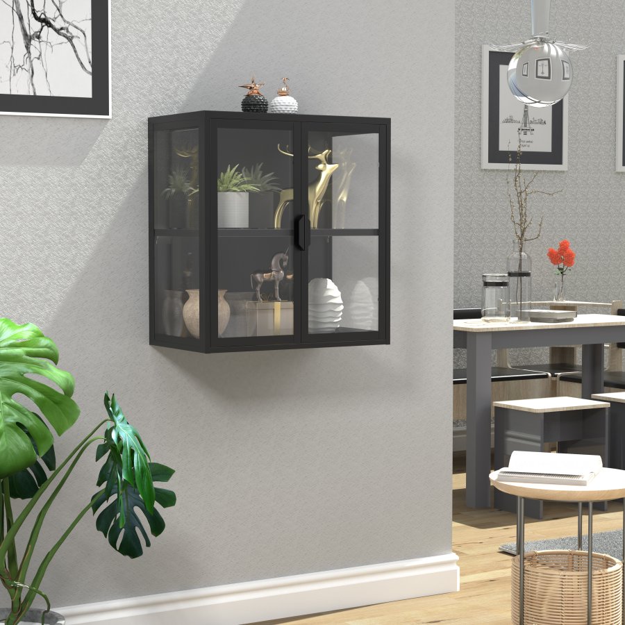 VCM NORDIC Flokas S Hängeschrank, m. 2 Türen und 1 Einlegeboden – Glas und schwarzer Stahl