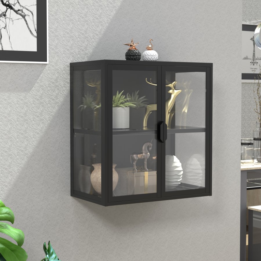 VCM NORDIC Flokas S Hängeschrank, m. 2 Türen und 1 Einlegeboden – Glas und schwarzer Stahl